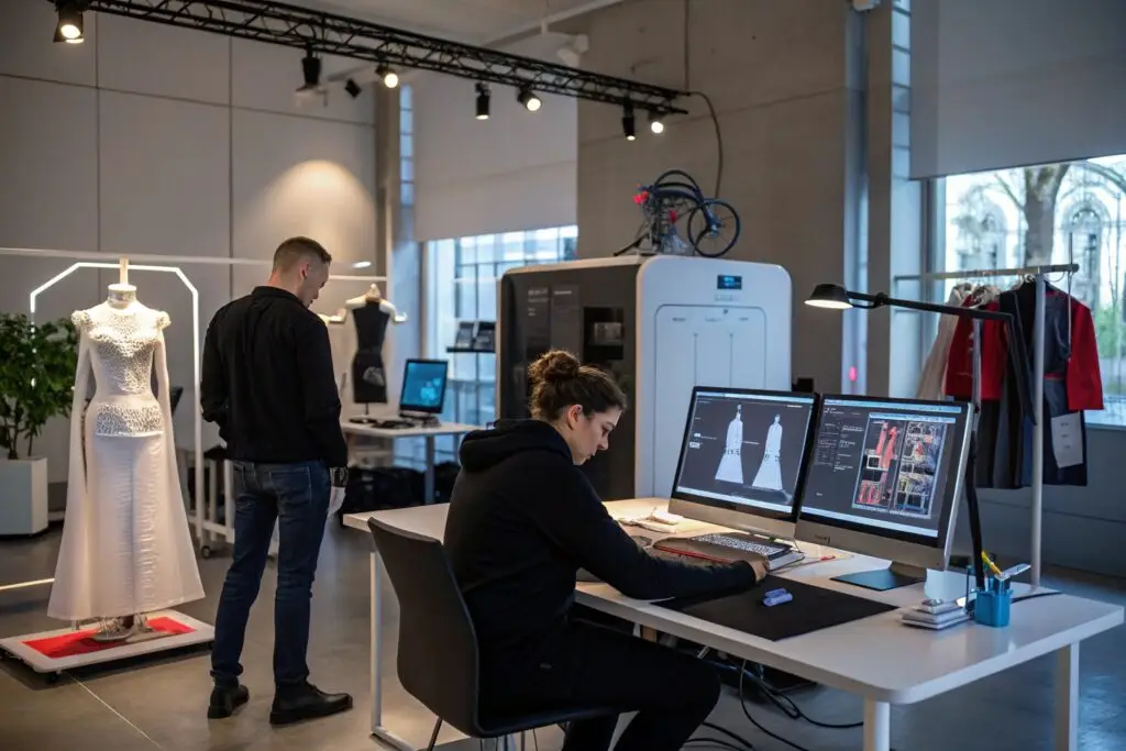 Fashion designer using digital tools to create innovative clothing