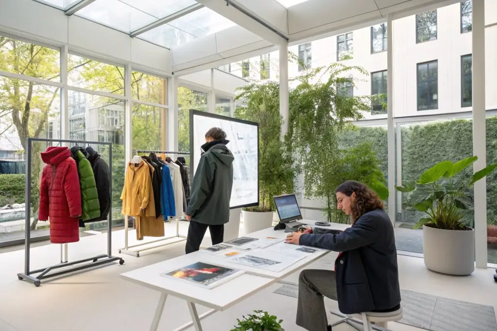 Sustainable fashion studio with modern outerwear design