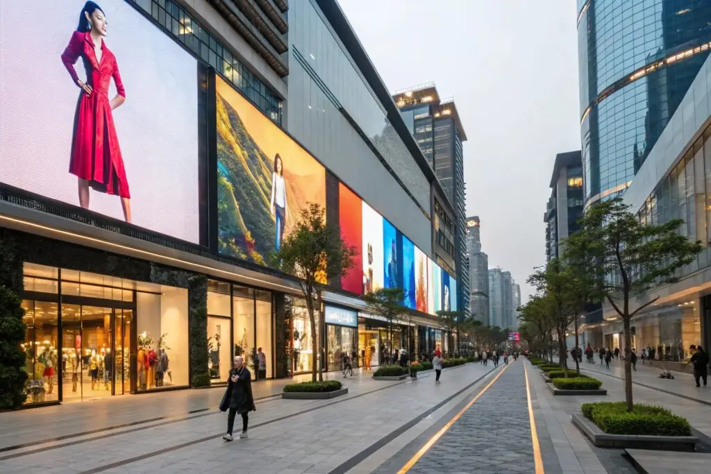 Modern shopping district with luxury fashion stores and digital billboards