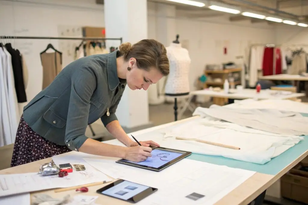 Garment designer working on a tablet in the studio