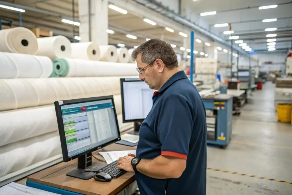 Garment factory manager using a computer to monitor production