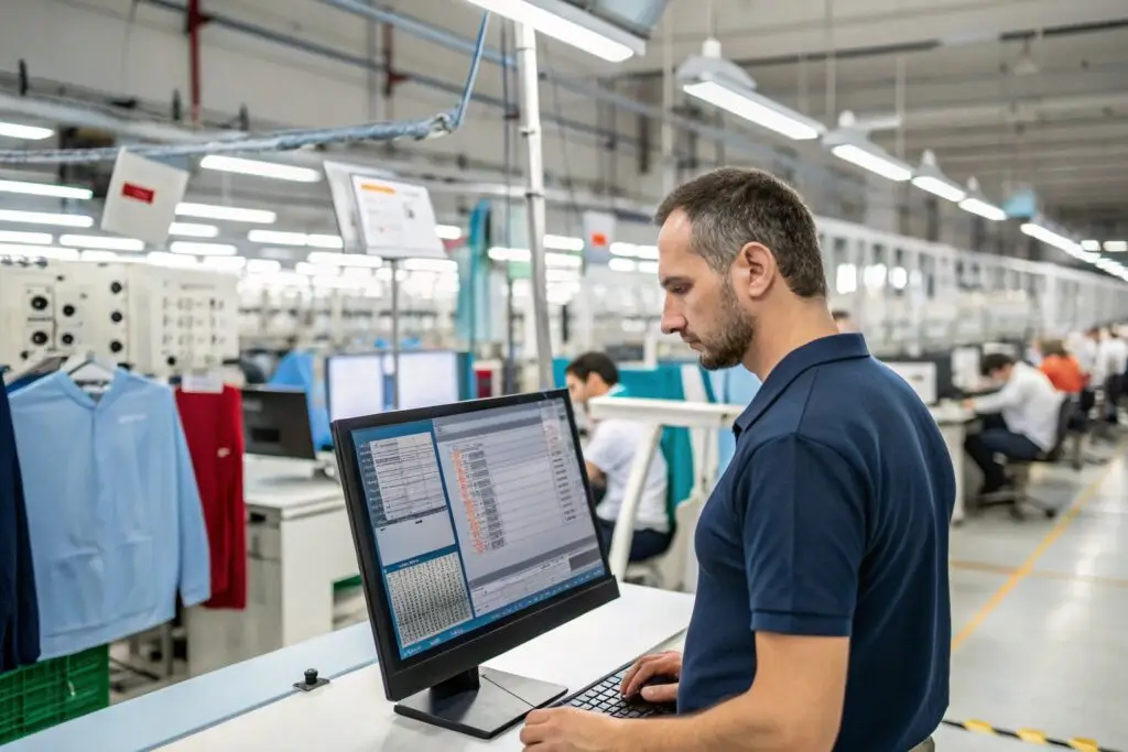 Garment factory worker using AI-based software to monitor production