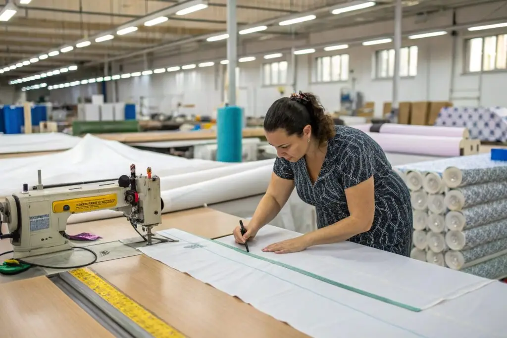 Worker marking fabric for cutting in a garment factory