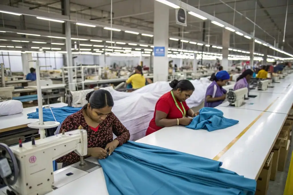 Garment factory workers sewing blue fabric