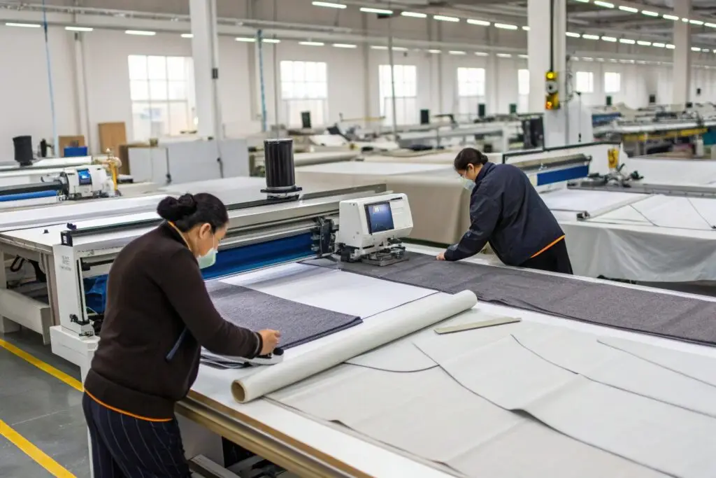 Workers using automated fabric cutting machines in a garment factory