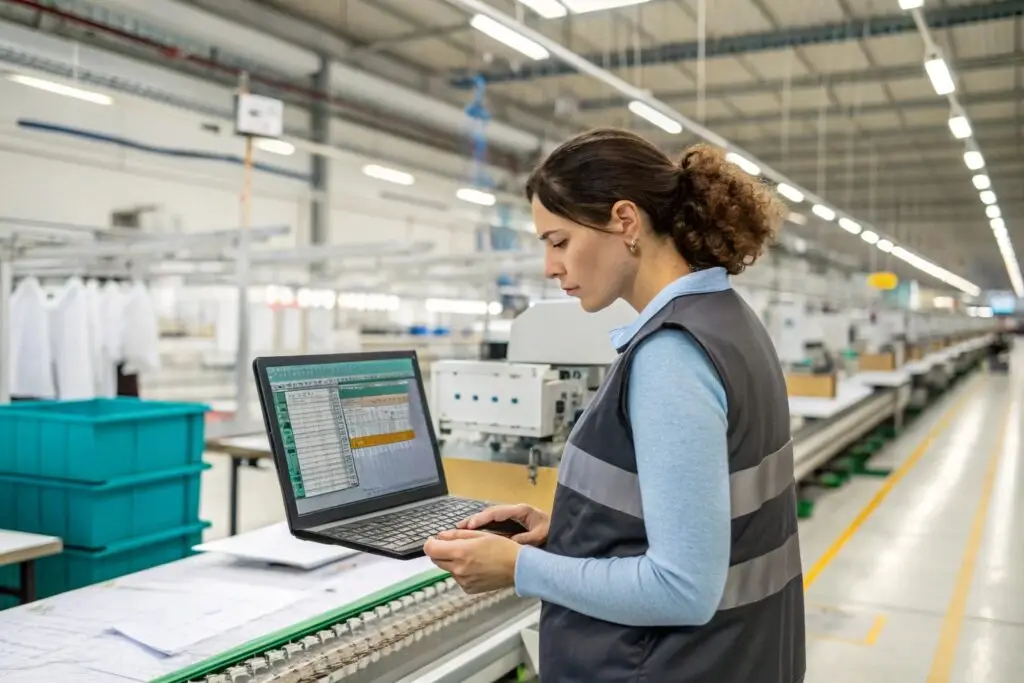 Garment manufacturing manager using a laptop to monitor production