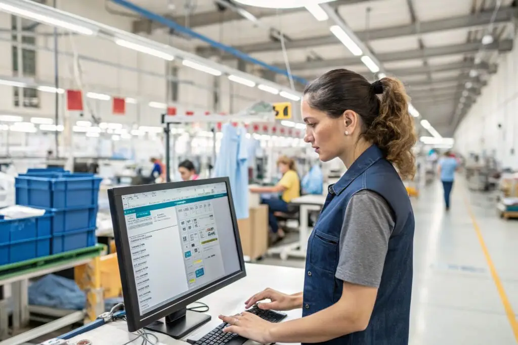 Garment production manager using software to oversee operations