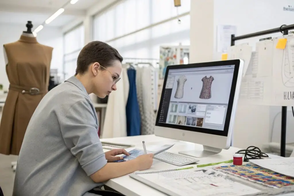 Garment designer working on fashion designs on a computer with sketches