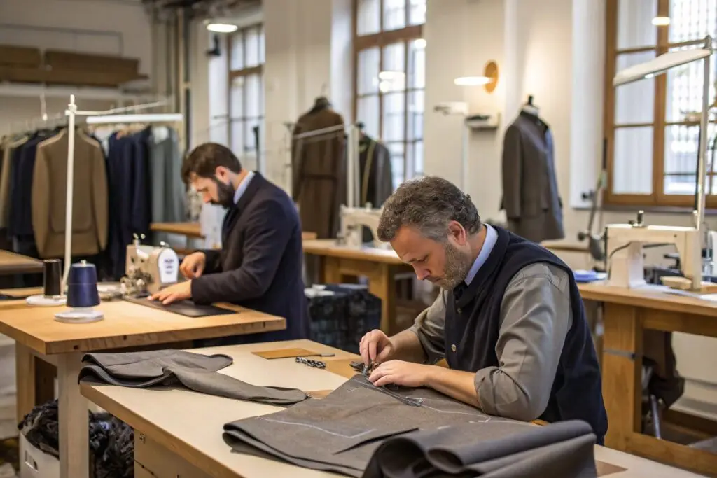 Tailors crafting custom suits in a professional workshop