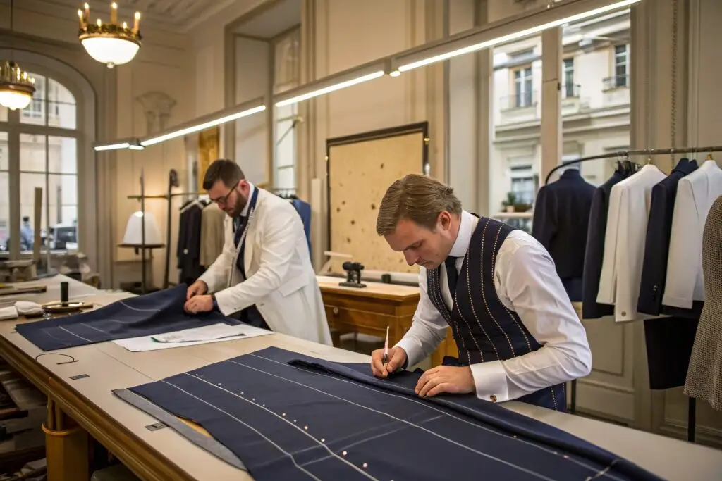 Tailors crafting bespoke suits in a luxury atelier