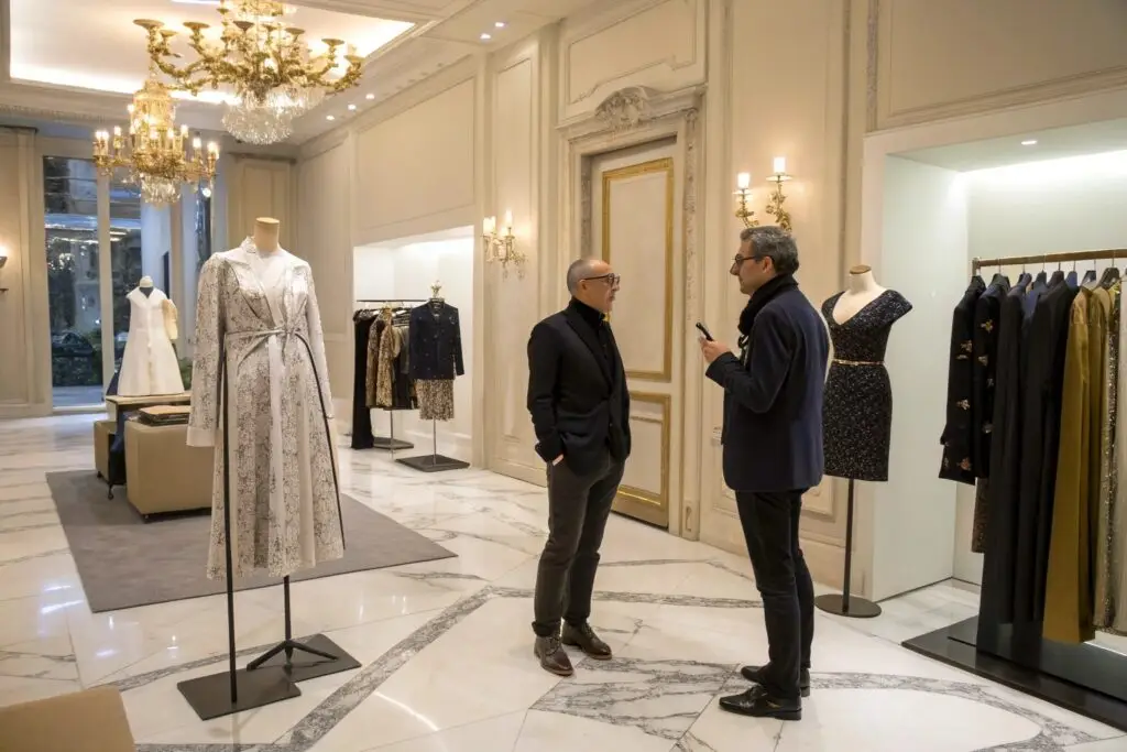 Luxury fashion boutique, exclusive designer clothing showcase
