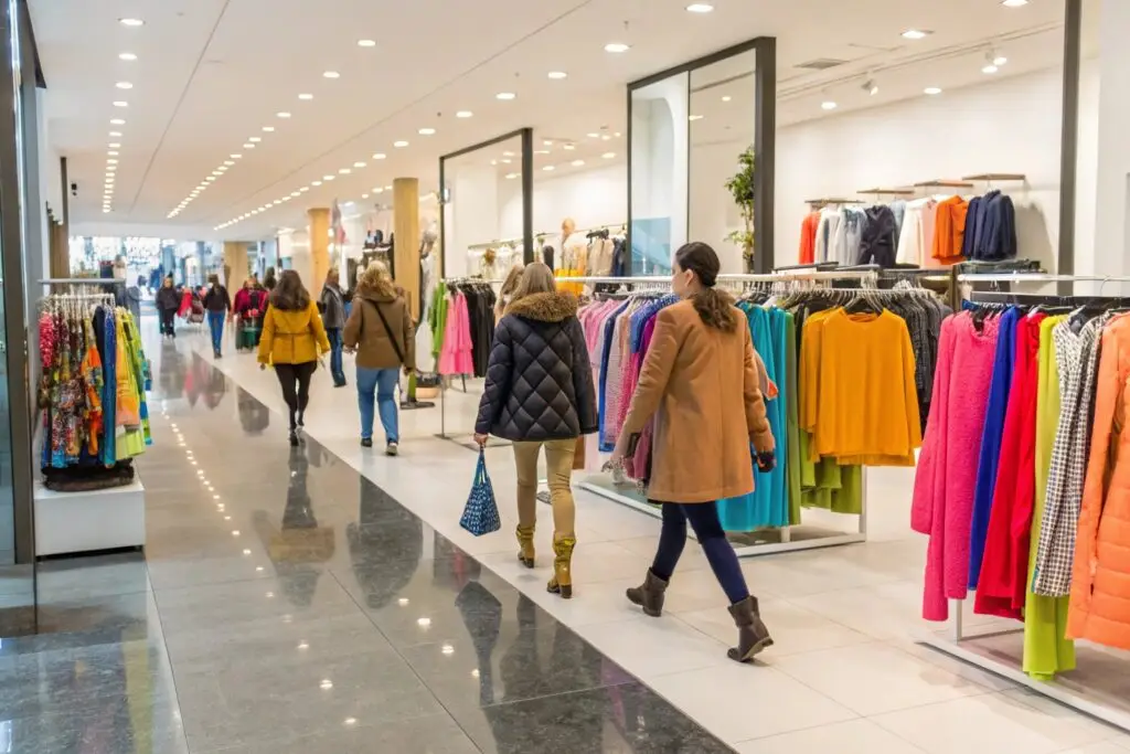 Shoppers exploring trendy fashion collections in a modern retail store
