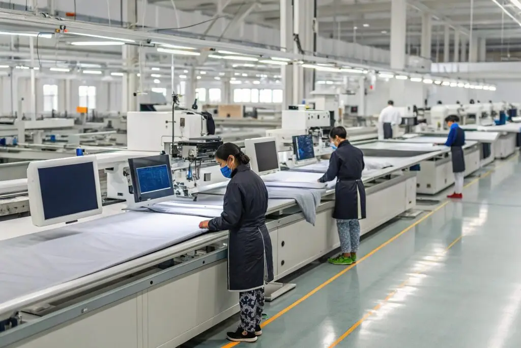 Workers operating machines in a garment factory