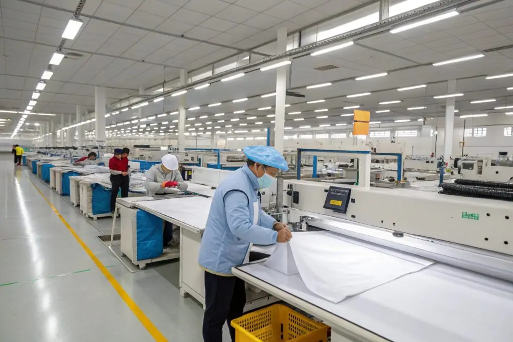 High-tech clothing factory with automated fabric cutting machines.