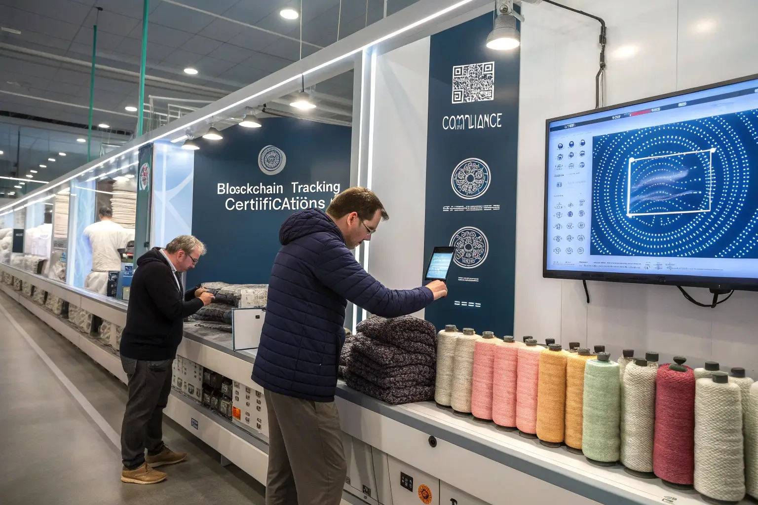 Knitwear production facility showcasing advanced blockchain tracking and certifications for quality assurance