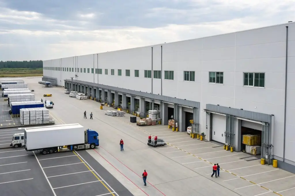 Large-scale apparel distribution center with trucks and logistics operations