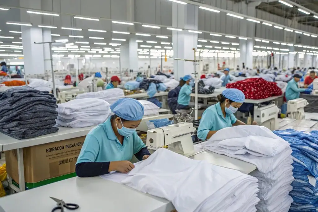 Large-scale garment factory, workers sewing clothes