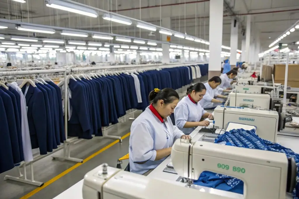 Large-scale clothing factory producing high-quality suits and garments.