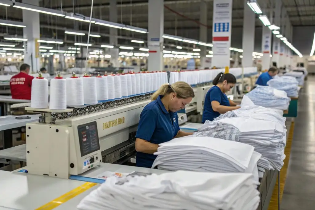 Workers in a large-scale t-shirt factory sewing and inspecting garments