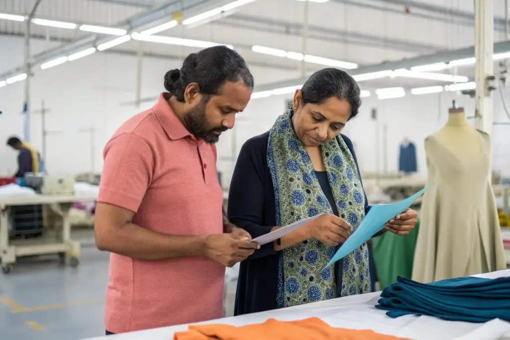 Local garment manufacturers reviewing fabric samples and production sheets