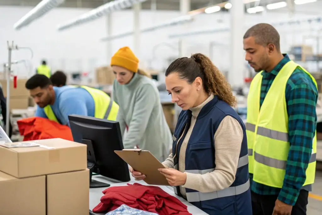 Logistics team managing inventory in garment warehouse