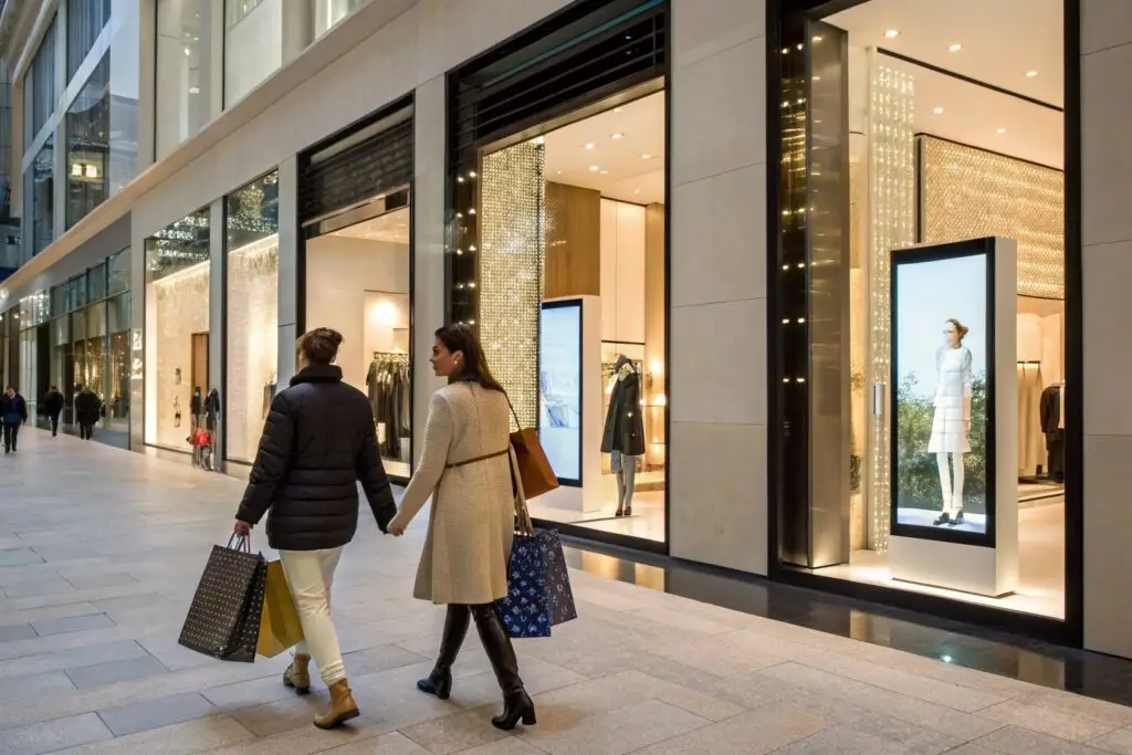 Luxury shopping street with stylish boutiques and elegant window displays