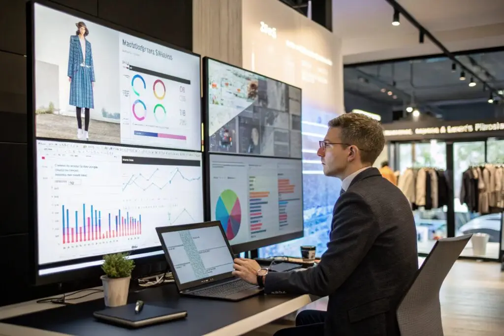 Fashion analyst reviewing data insights on multiple screens