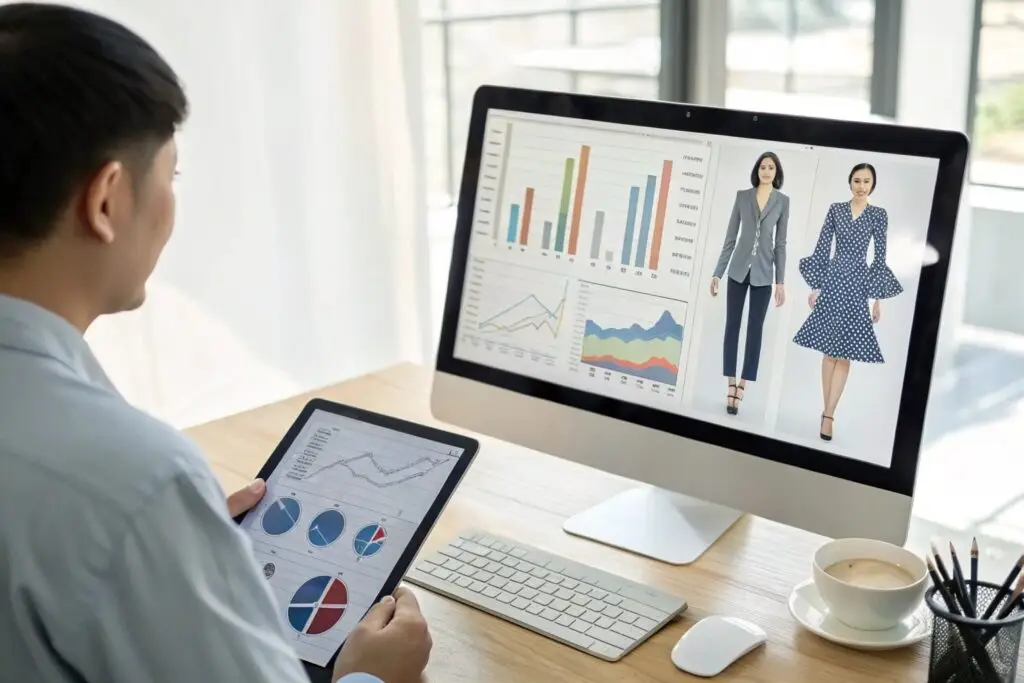 Marketing strategist analyzing sales data and fashion designs on computer