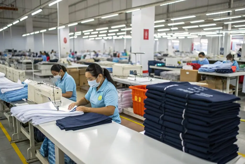 Garment factory workers sewing and inspecting apparel