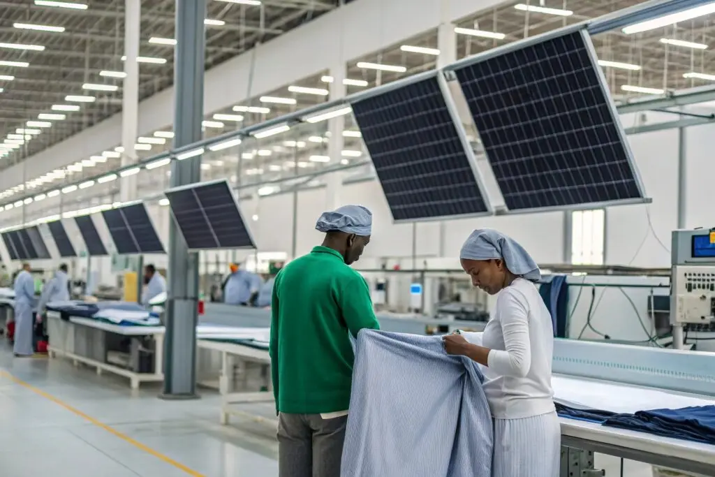 Workers in an eco-friendly garment factory using solar power