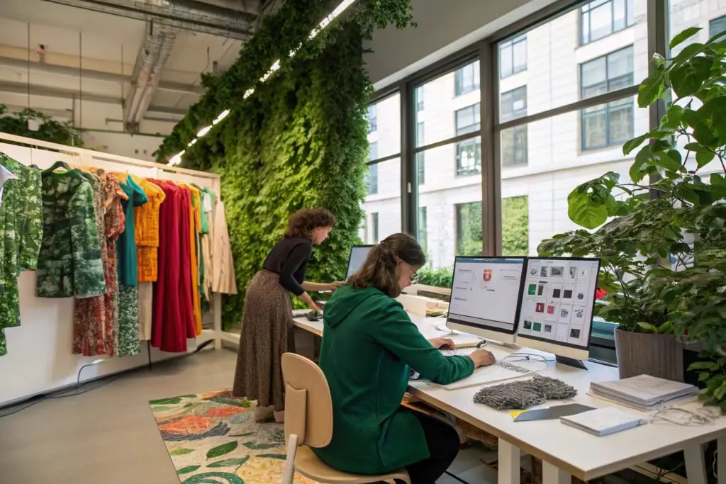 Sustainable fashion design studio with vibrant clothing and greenery