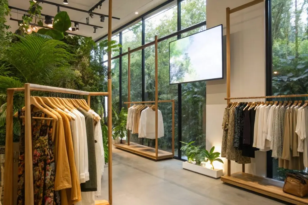 Eco-friendly fashion boutique with sustainable clothing and natural decor
