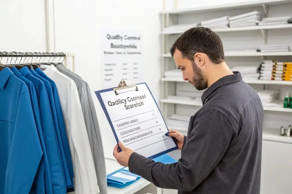 Quality control inspector reviewing garment evaluation checklist