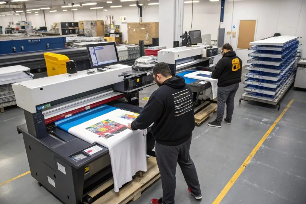 Workers using digital printing machines for custom t-shirts