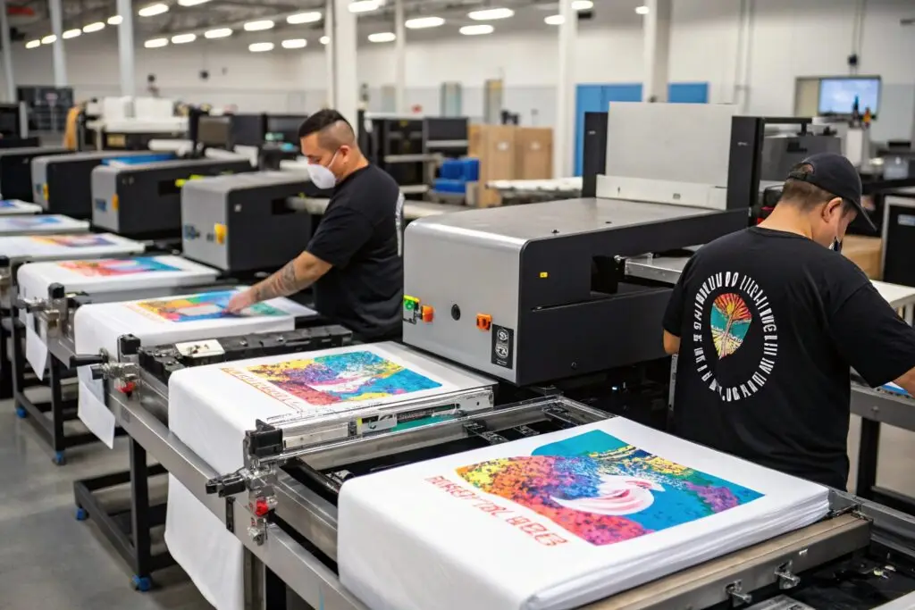 Workers using advanced direct-to-garment printers for high-quality t-shirt designs
