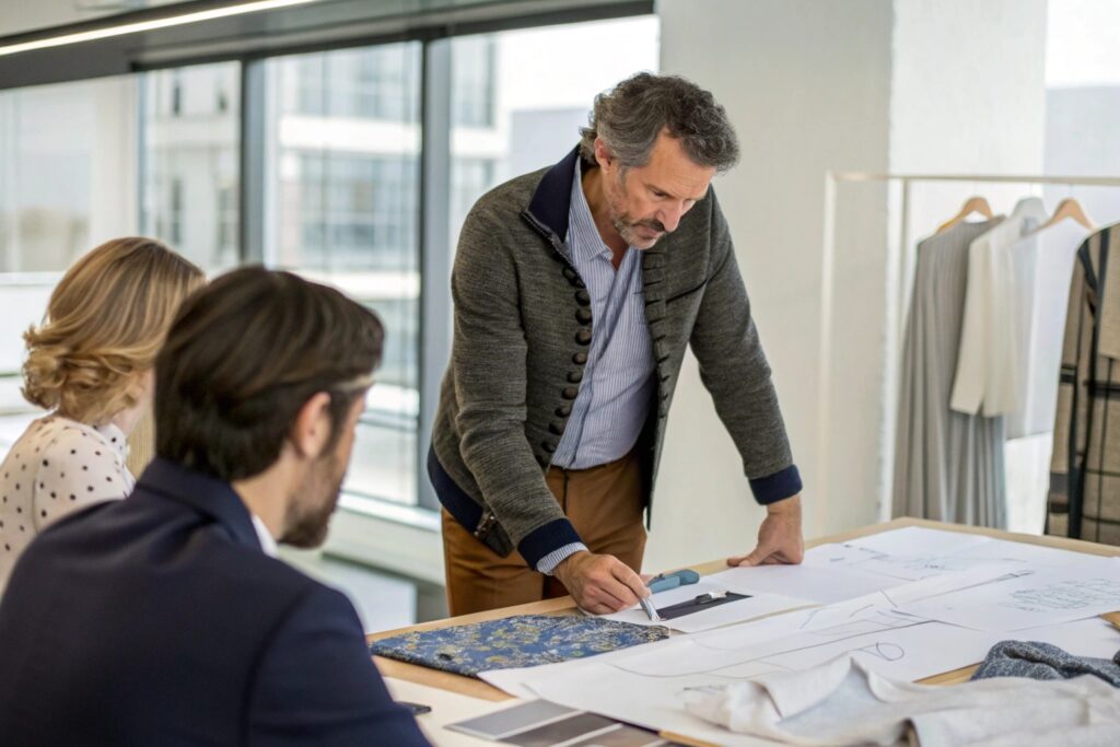 Product developer reviewing clothing designs with team in a modern studio