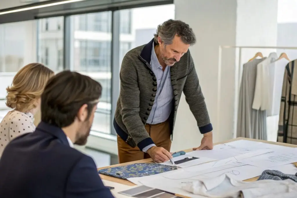 Product developer reviewing clothing designs with team in a modern studio