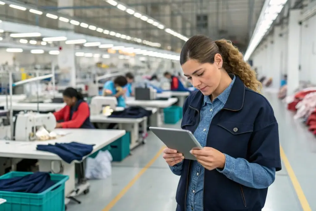 Production manager reviewing data on tablet in garment factory