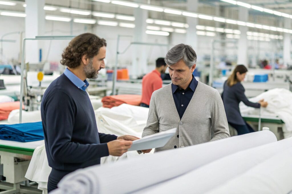 Business professionals inspecting fabric in a modern clothing factory.
