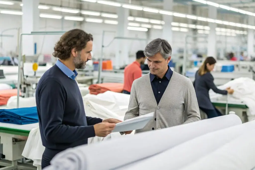 Business professionals inspecting fabric in a modern clothing factory.