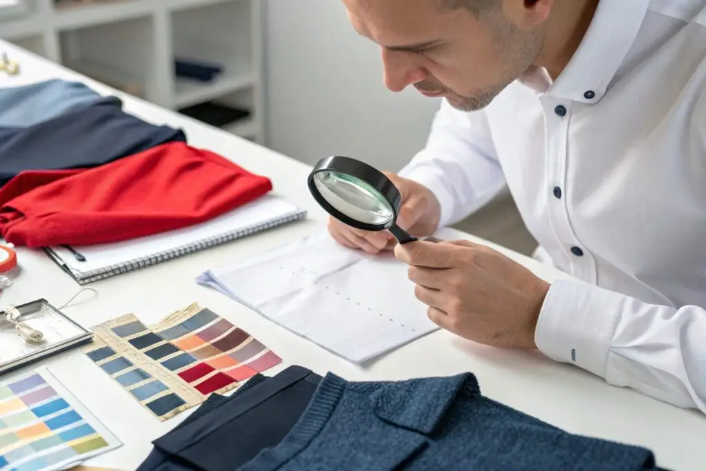 Quality control expert inspecting fabric with a magnifying glass