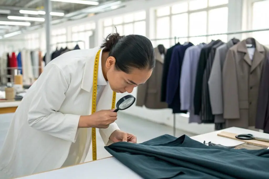 Quality control inspector examining fabric in clothing manufacturing