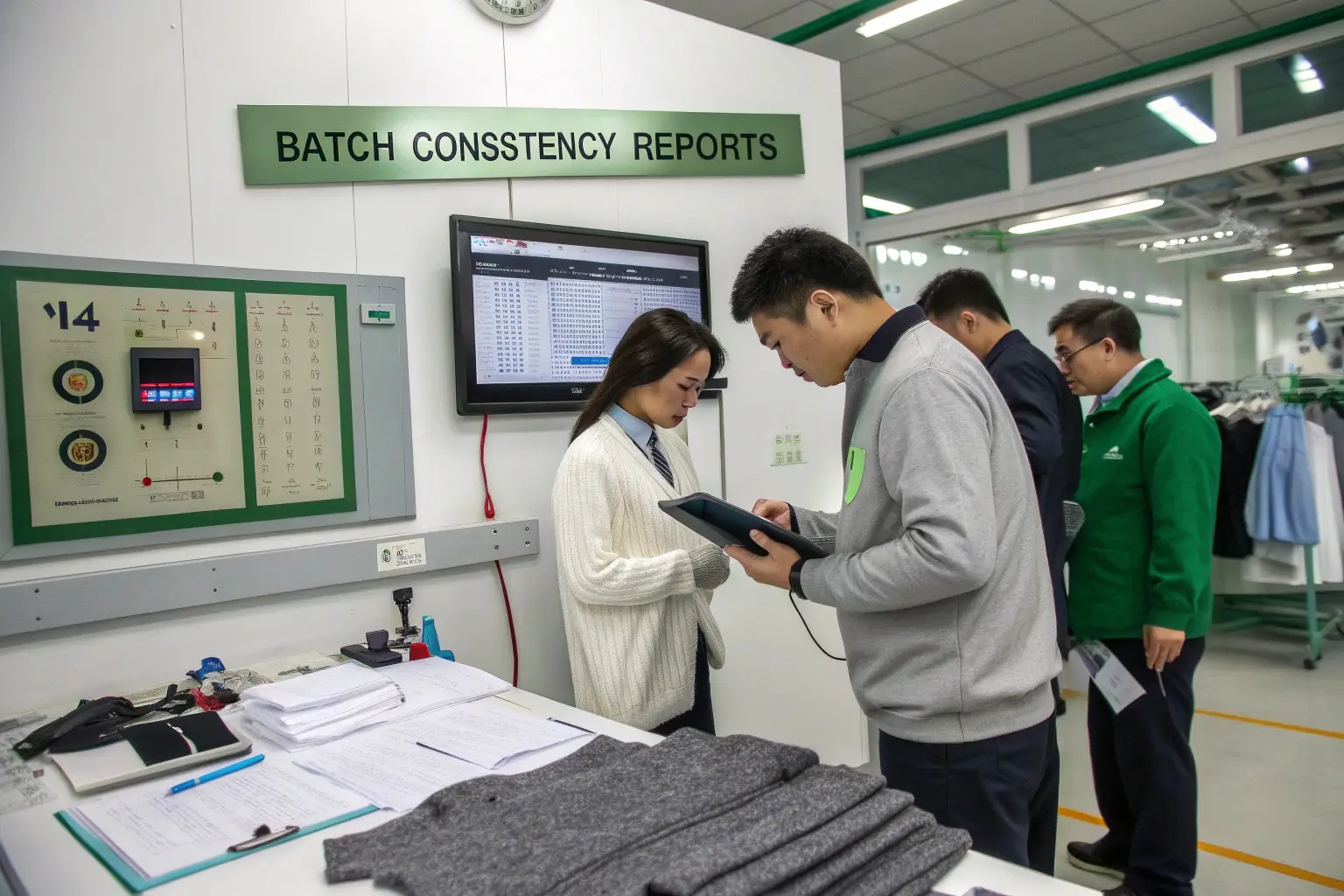 Quality control station in a clothing factory with batch consistency reports, ensuring top-quality apparel production