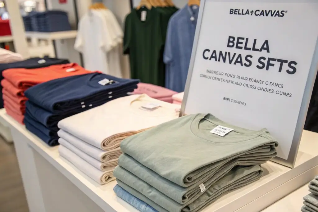 Retail display showcasing Bella + Canvas T-shirts in multiple colors and styles, neatly folded on shelves