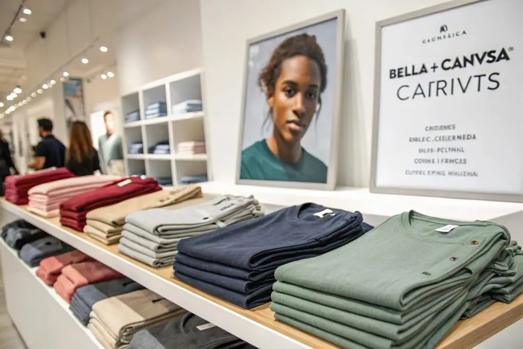 Retail display showcasing premium Bella + Canvas t-shirts in various colors
