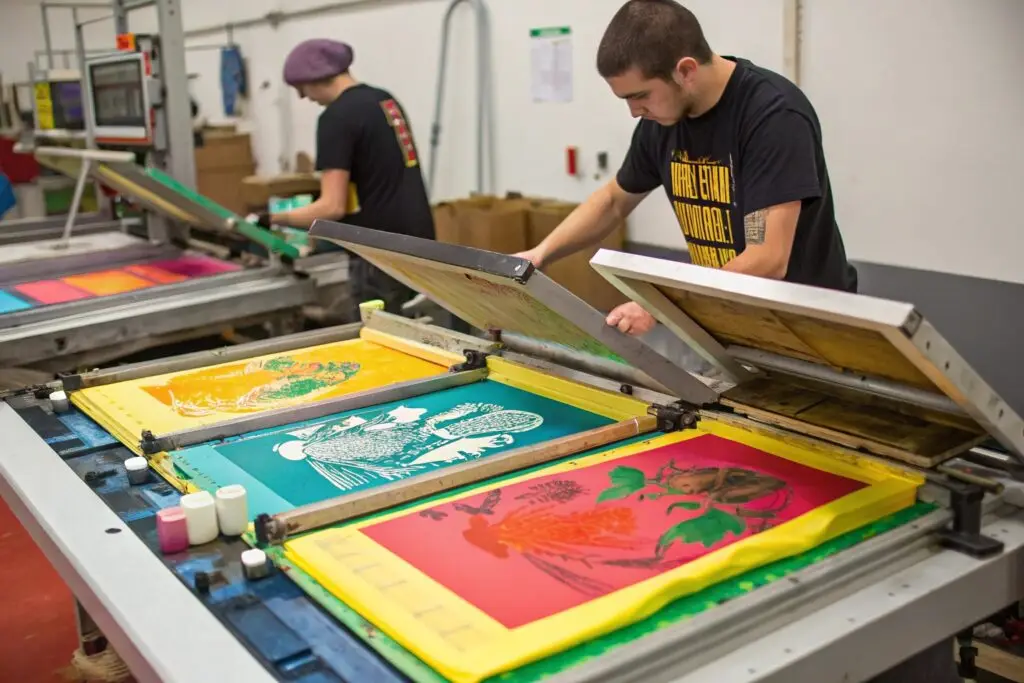 Screen printing press in operation, vibrant custom t-shirt designs being printed