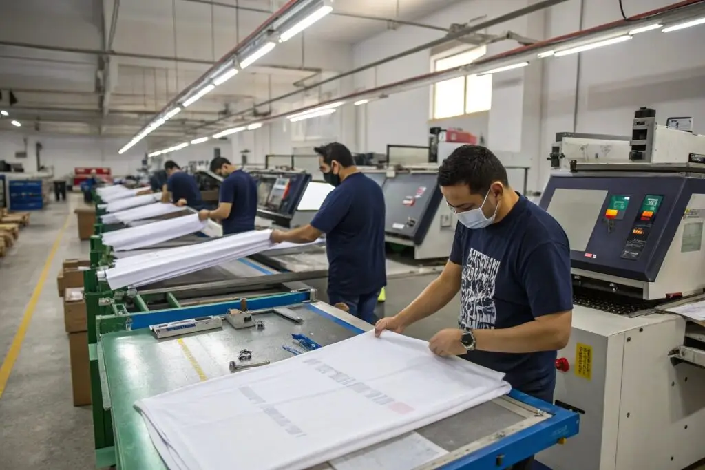 Workers in a large-scale screen printing workshop handling freshly printed t-shirts with precision