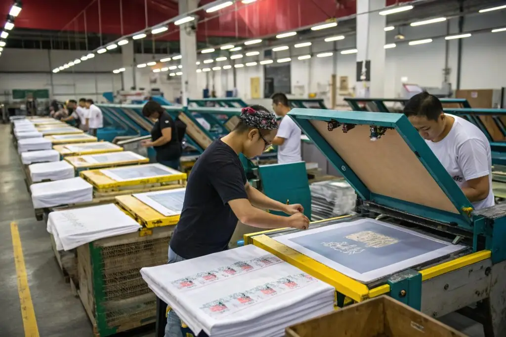 Workers handling screen printing in a large workshop, applying detailed designs on T-shirts in an industrial setting
