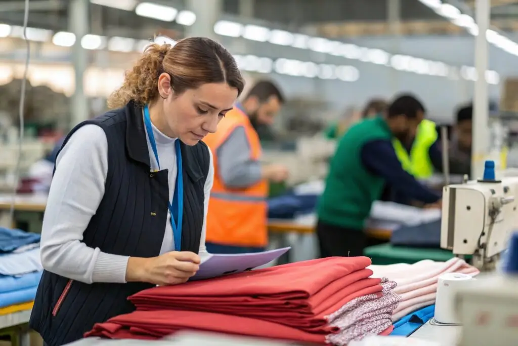 Sourcing manager inspecting fabric rolls in garment factory