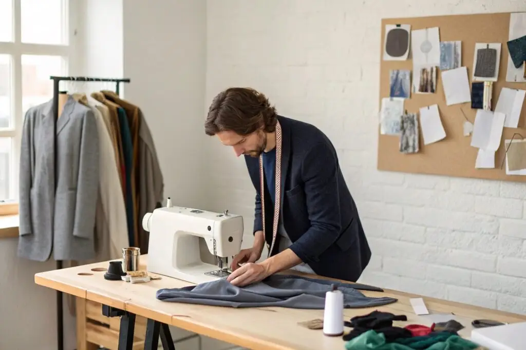 Startup clothing designer sewing fabric with sewing machine in studio